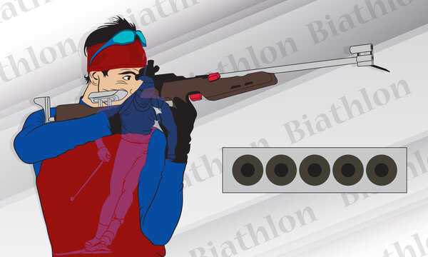 A biathlete-a man with a sports rifle aims at a target. Abstract gray background.
