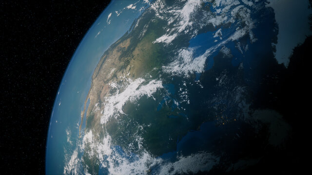 Earth in Space. Photorealistic 3D Render of the Planet, with views of USA and North America. Global Concept.