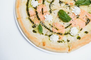 smoked salmon pizza isolated on white background - Italian food style