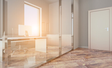 Elegant office interior. Mixed media. 3D rendering.. Sunset.