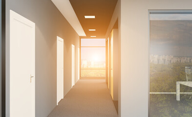 Modern office building interior. 3D rendering.. Sunset