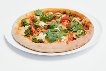 Delicious italian pizza over white background top view