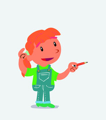 cartoon character of little girl on jeans doubts while pointing with a pencil.