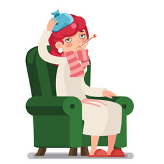 Sick ill female week sit armchair cold virus flu disease illness cartoon character design vector illustration