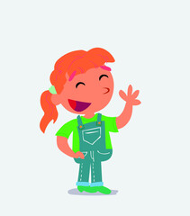 cartoon character of little girl on jeans waving informally while smiling.
