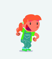 Euphoric cartoon character of little girl on jeans makes plans.