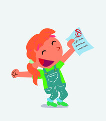euphoric cartoon character of little girl on jeans raises his arms with exam in hand.
