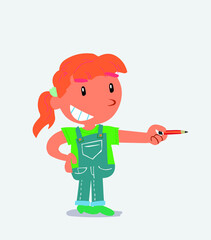 happy cartoon character of little girl on jeans points with pencil to the side.