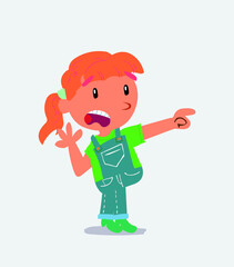 Surprised cartoon character of little girl on jeans pointing at something.