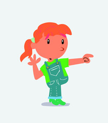 Surprised cartoon character of little girl on jeans points to something to his side.