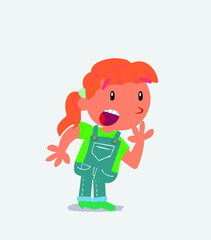 Unpleasantly surprised cartoon character of little girl on jeans looks to the side.