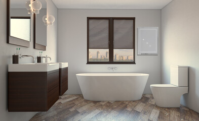 Naklejka na ściany i meble Clean and fresh bathroom with natural light. 3D rendering.. Blank paintings. Mockup.