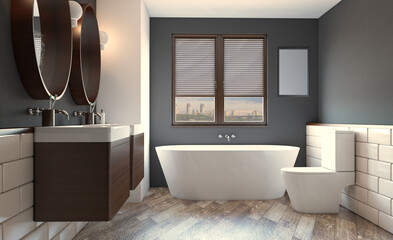 Scandinavian bathroom, classic  vintage interior design. 3D rendering.. Blank paintings.  Mockup.