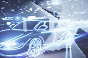 Obraz premium Multi exposure of auto technology theme drawing over table with phone. Top view. Concept of automatic pilot.