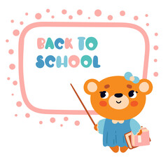 A little bear in a dress with textbooks and a pointer. Vector illustration of back to school