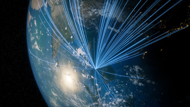Earth in Space. Blue Lines connect Bangkok, Thailand with Cities across the World. International Travel or Communication Concept.