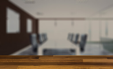 Obraz premium Background with empty table. Flooring. Modern office Cabinet. 3D rendering. Meeting room. Mockup.