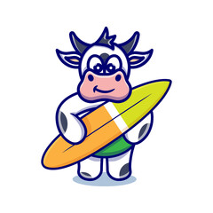 cute cow cartoon animal holding a surfboard