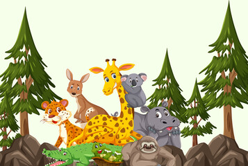 Wild animals group in the forest scene