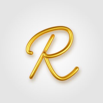 Gold 3d realistic capital letter R on a light background.