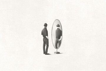 illustration of  man looking at himself headless reflected in the mirror, surreal identity concept - obrazy, fototapety, plakaty