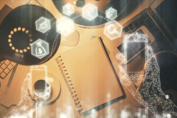 Double exposure of technology drawing and work table top veiw. Concept of hightech.
