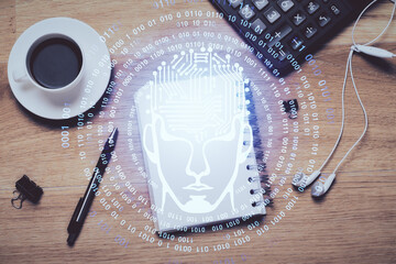 Double exposure of brain sketch and table top veiw. Concept of data analysis.