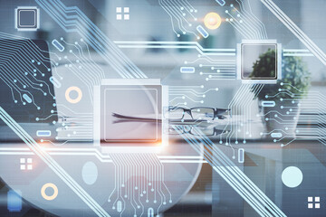 Multi exposure of data theme drawing and office interior background. Concept of technology.