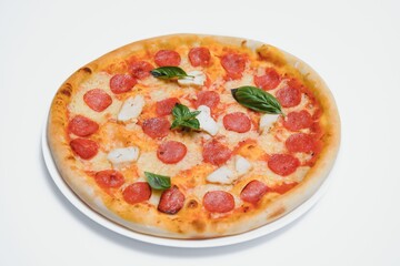 Delicious italian pizza over white background top view