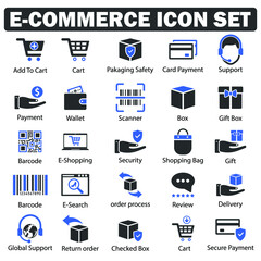 E Commerce, shopping Icon set black and blue