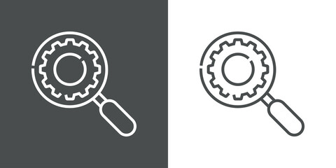 Investigación industrial. Logotipo engranaje dentro de lupa con lineas en fondo gris y fondo blanco