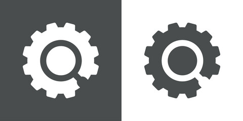 Investigación industrial. Logotipo engranaje con lupa en fondo gris y fondo blanco