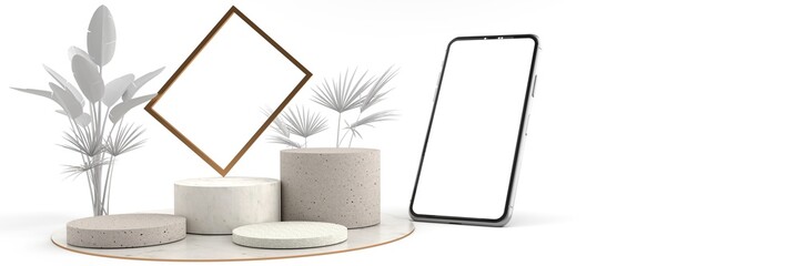 3D rendering of The golden photo frame on Round marble Pedestal, Mobile phone mockup tilted to the ground. Pedestal can be used for commercial advertising, Isolated on Minimal white background.