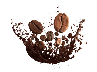 Isolate Object of coffee beans and splash of coffee . 3d rendering.