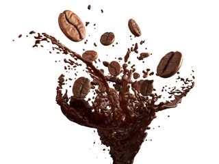 Isolate Object of coffee beans and splash of coffee . 3d rendering.