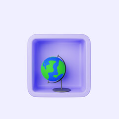 3d illustration of simple icon globe world on cube