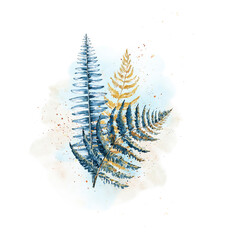 A bouquet of indigo ferns and golden leaves on a blurry watercolor background. Bracken. Floral composition. Ferns. A wild plant of a prehistoric forest. Hand-drawn winter greeting card