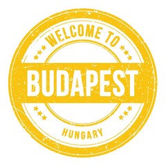 WELCOME TO BUDAPEST - HUNGARY, words written on yellow stamp
