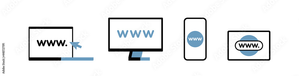 Poster www flat line icon set with computer, phone, laptop and tabled. internet browser search bar with glo