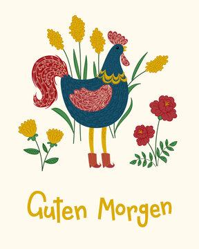 "Guten Morgen" hand drawn vector lettering in German, in English means "Good morning". Rooster with flowers vector illustration. Deutsch inspirational quote or saying. Positive lifestyle 