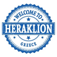 WELCOME TO HERAKLION - GREECE, words written on greek blue stamp