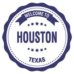 WELCOME TO HOUSTON - TEXAS, words written on blue stamp
