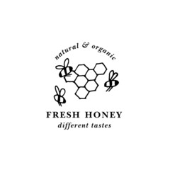 Vector illustartion logo and design template or badge. Organic and eco honey label- stick or dipper for honey with honeycomb. Linear style