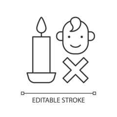 Keep kids away from candles linear manual label icon. Supervision. Thin line customizable illustration. Contour symbol. Vector isolated outline drawing for product use instructions. Editable stroke