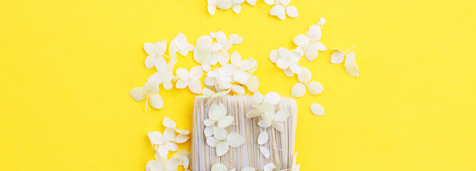 white hydrangea flowers and paint brush on a yellow background with copy space.