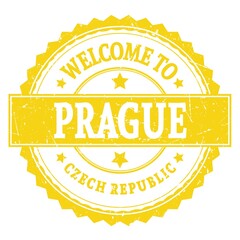 WELCOME TO PRAGUE - CZECH REPUBLIC, words written on yellow stamp