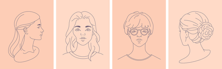 Beautiful women faces, portraits linear style vector illustrations set. Minimal trendy emblems and icons for logo design, hair salon, beauty shop, organic cosmetics, prints and cards. Editable strokes