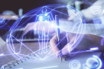 Double exposure of education theme drawing over people taking notes background. Concept of people studying