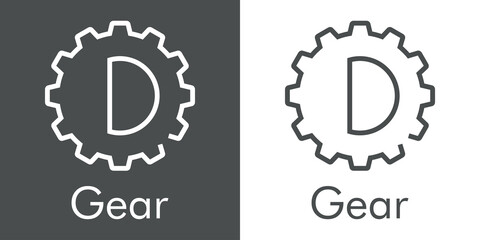 Logotipo palabra Gear con letra inicial D en silueta de engranaje con lineas en fondo gris y fondo blanco