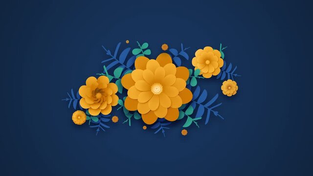 Flower appearing central composition. Leaves, flowers grow and bloom. Yellow and blue colored pattern. 3D Render. Valentine Day, Mother Day dynamic template. Abstract Spring, Summer 4K animation